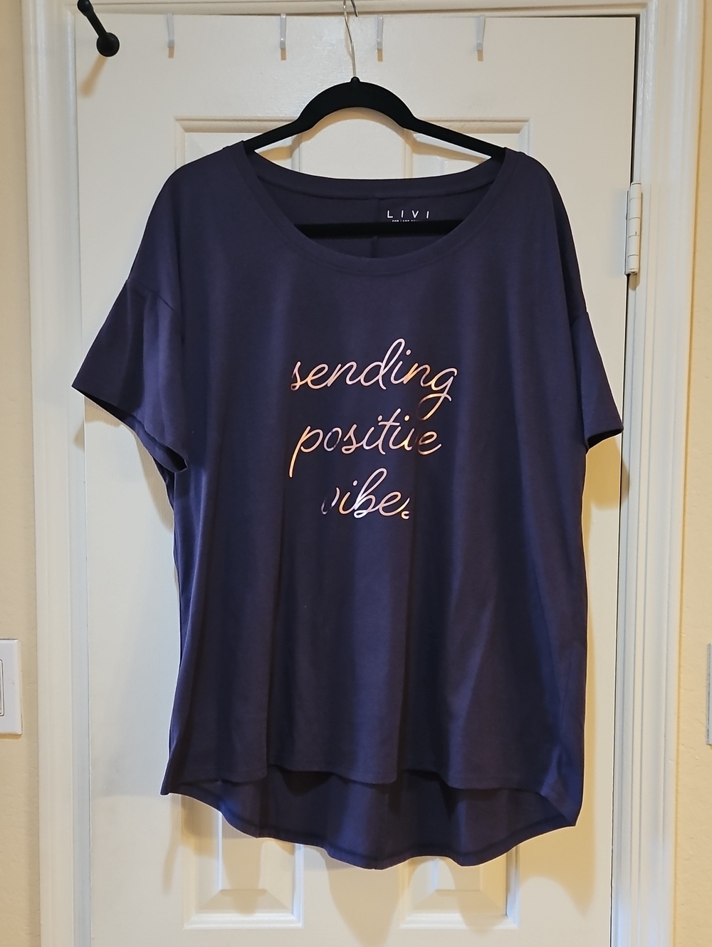 Livi Active Dark Purple Tee with Metallic Copper Script "sending positive vibes"